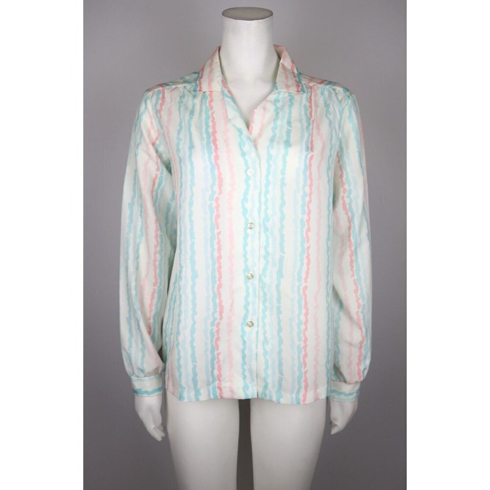 VINTAGE WOMEN'S WHITE BLUE PINK PRINT LONG SLEEVE BLOUSE - ALICIA - SIZE 10